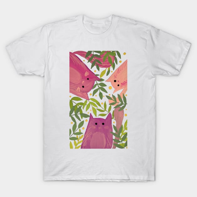 Cats and branches - pink and green T-Shirt by wackapacka